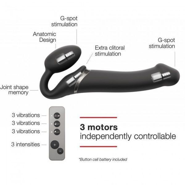 Безремінний страпон з вібрацією Strap-On-Me Vibrating Black M, діаметр 3,8см, пульт ДК, регульований SO3354 фото